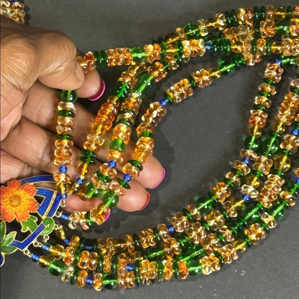 Vintage Glass Beaded Cloisonné Pendant Necklace